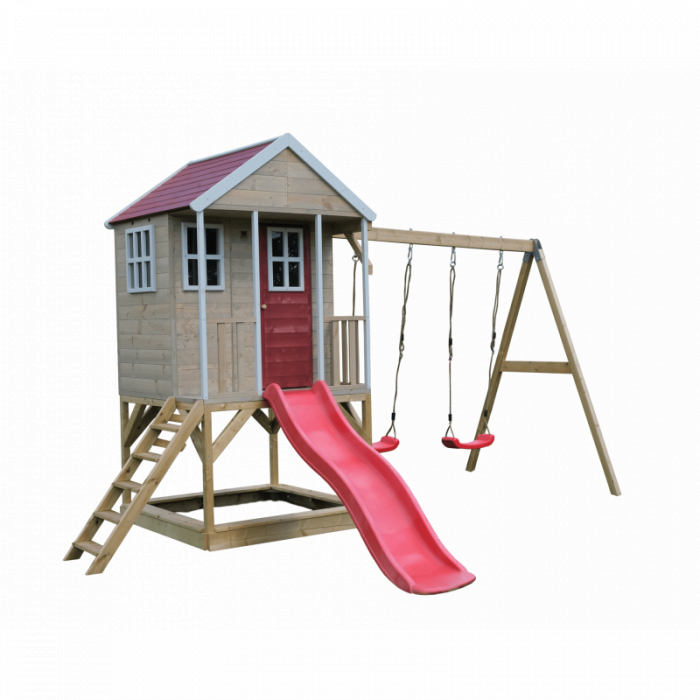 Casuta de gradina Nordic Adventure House cu platforma cu loc pentru nisip, tobogan si leagan dublu (M30R), Wendi Toys [4]