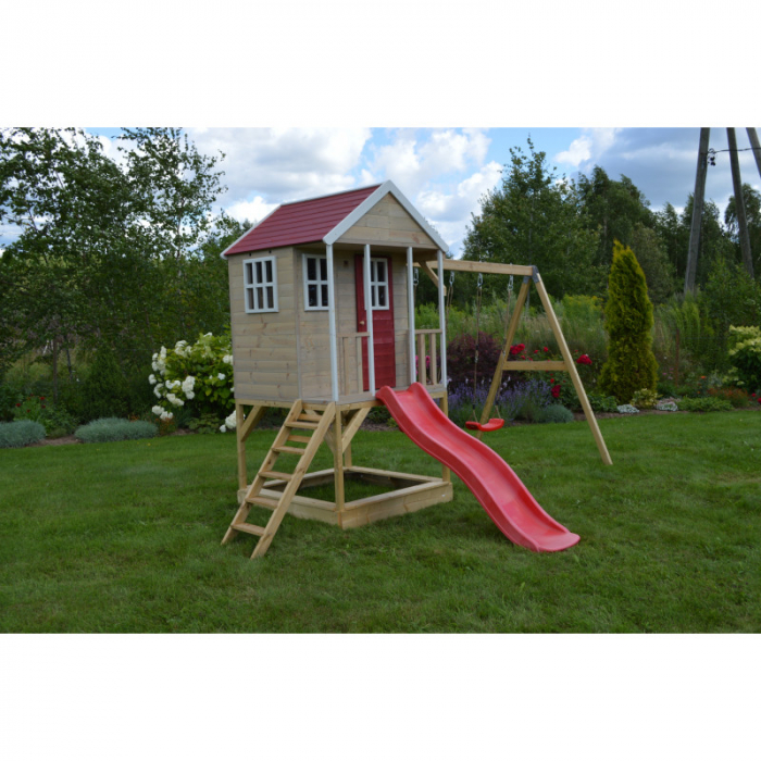 Casuta de gradina Nordic Adventure House cu platforma cu loc pentru nisip, tobogan si leagan dublu (M30R), Wendi Toys [2]