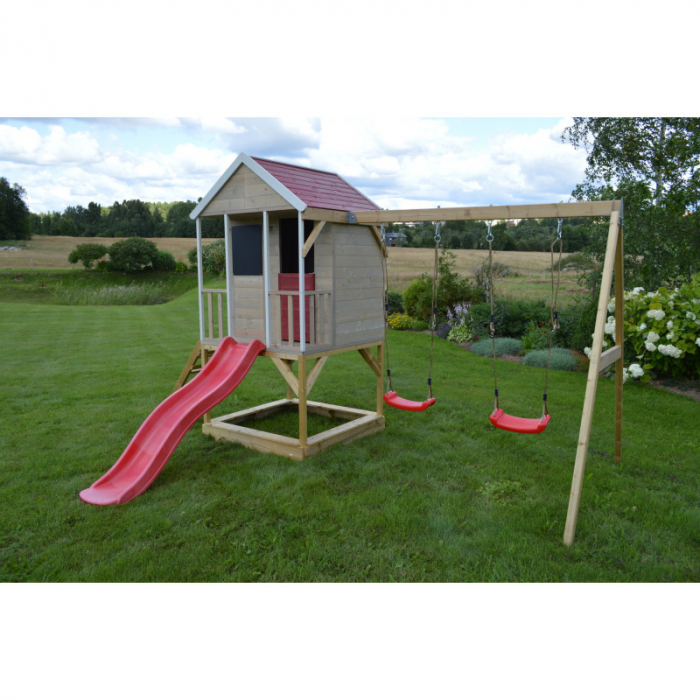 Casuta de gradina Summer Adventure House cu platforma cu loc pentru nisip, tobogan si leagan dublu (M29R), Wendi Toys [3]