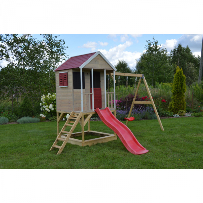 Casuta de gradina Summer Adventure House cu platforma cu loc pentru nisip, tobogan si leagan dublu (M29R), Wendi Toys [2]