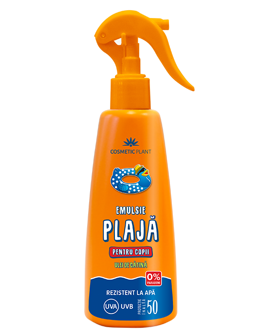 Emulsie plaja rezistenta la apa pentru copii SPF50 cu ulei de catina 200 ml