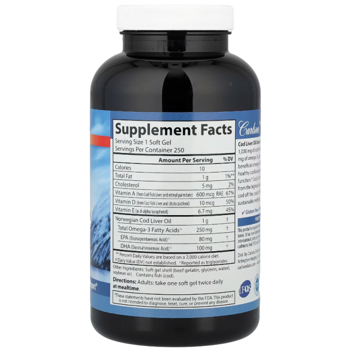 Norvegiană sălbatică, ulei de ficat de cod, 250 de capsule moi [2]