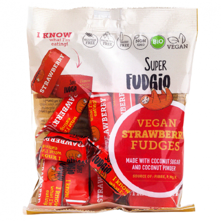 Alimente - Caramele bio cu aromă de căpșuni 150g, Super Fudgio