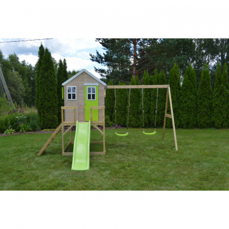 Casute de gradina - Casuta de gradina Lime Lodge cu platforma, tobogan si leagan dublu (M28L), Wendi Toys