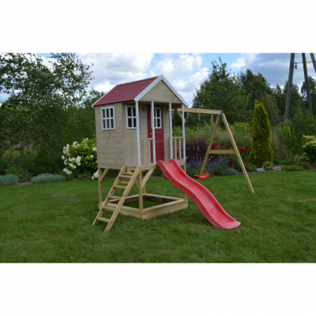 Casuta de gradina Nordic Adventure House cu platforma cu loc pentru nisip, tobogan si leagan dublu (M30R), Wendi Toys [1]