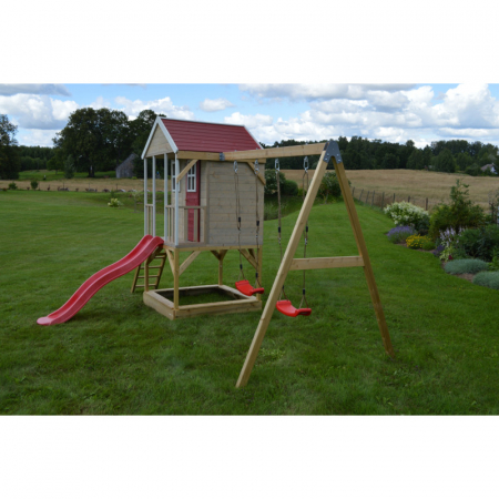 Casuta de gradina Nordic Adventure House cu platforma cu loc pentru nisip, tobogan si leagan dublu (M30R), Wendi Toys [2]