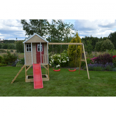 Casute de gradina - Casuta de gradina Nordic Adventure House cu platforma cu loc pentru nisip, tobogan si leagan dublu (M30R), Wendi Toys