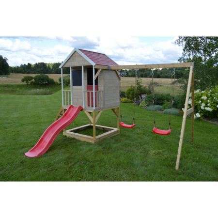 Casuta de gradina Summer Adventure House cu platforma cu loc pentru nisip, tobogan si leagan dublu (M29R), Wendi Toys [2]