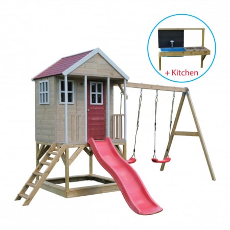 Casuta de gradina Summer Adventure House cu platforma cu loc pentru nisip, tobogan si leagan dublu (M29R), Wendi Toys [4]