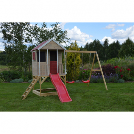 Casute de gradina - Casuta de gradina Summer Adventure House cu platforma cu loc pentru nisip, tobogan si leagan dublu (M29R), Wendi Toys