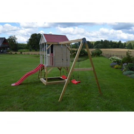 Casuta de gradina Summer Adventure House cu platforma cu loc pentru nisip, tobogan si leagan dublu (M29R), Wendi Toys [3]