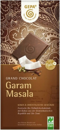Ciocolata - Ciocolata Bio cu lapte, cocos si condimente orientale-Garam Masala,100 g Gepa