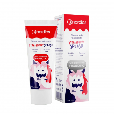 Periuțe și paste de dinti pentru copii - Pasta de dinti, fara fluor, cu capsuni si probiotice, pentru copii, Nordics, 50 ml