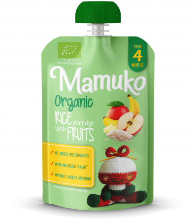 Piure din cereale - Porridge de orez cu fructe bio 100g Mamuko                                                          