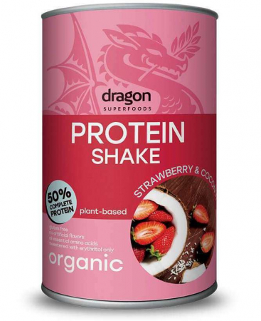 Proteine vegetale - Shake proteic capsuni si cocos bio 450g Dragon Superfoods - 50% proteine