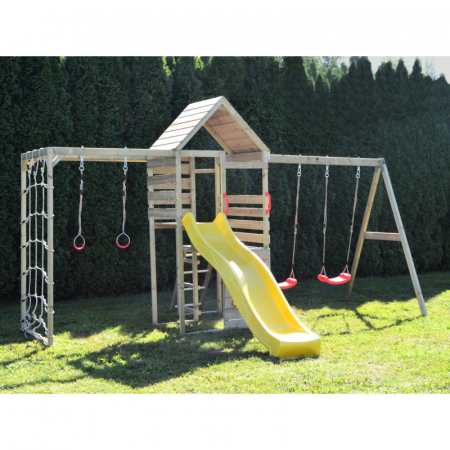 Casute de gradina - Turn de joaca cu 2 platforme, panou de catarare, tobogan, leagan dublu si modul de gimnastica (M41)