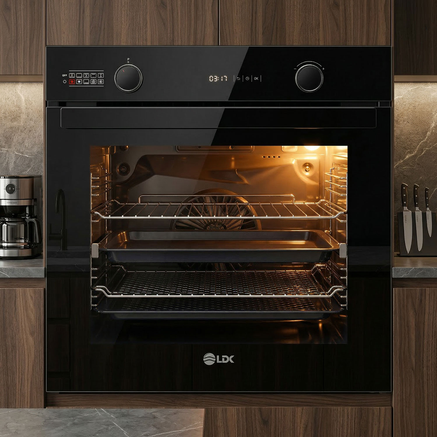 Cuptor incorporabil LDK 1073BK PREMIUM, Clasa A, Capacitate 73 l, 10 functii, 4 tavi, Grill, Turbo, Dezghetare, Timer, Iluminare cuptor, temperatura reglabila pana la 300°C, Negru
