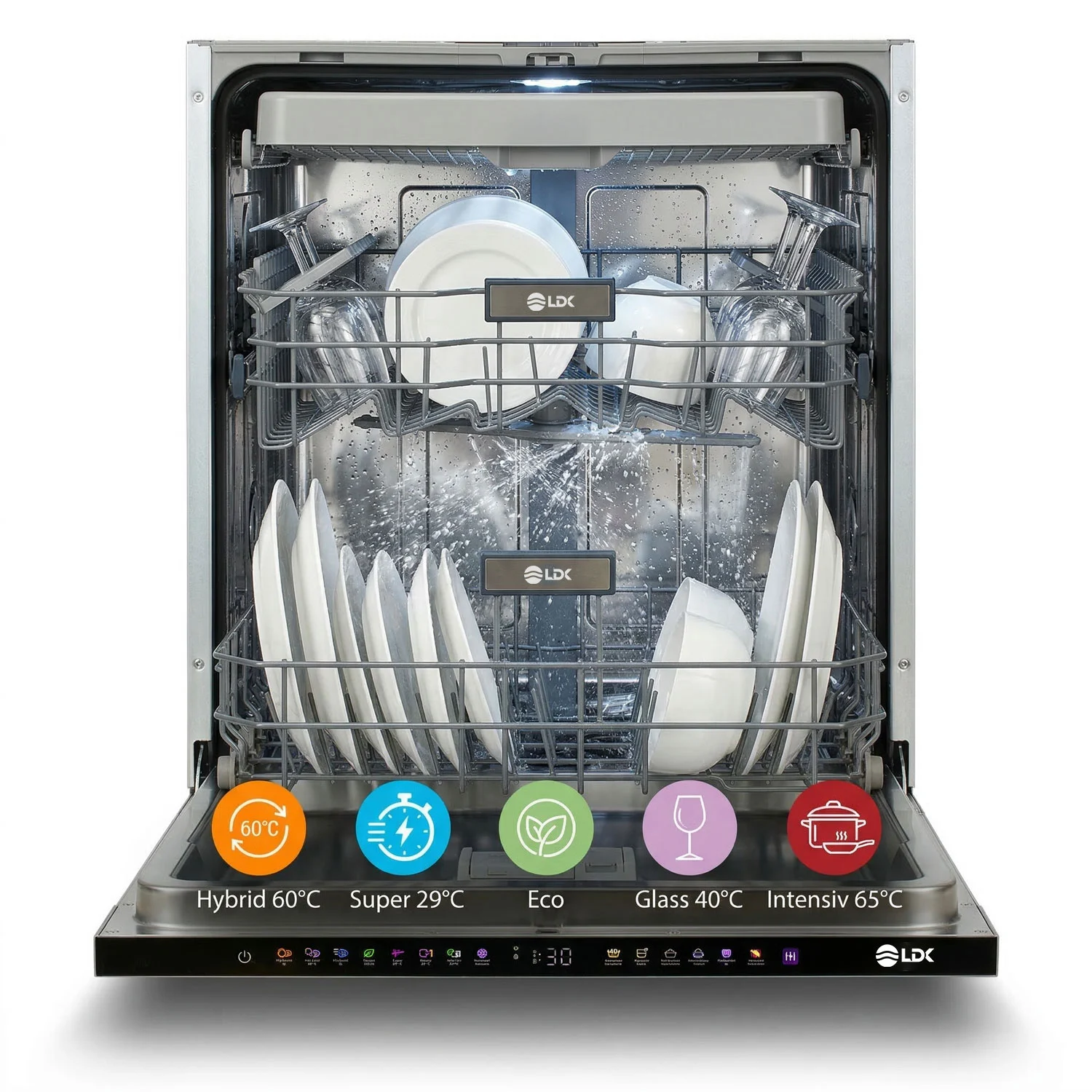 Masina de spalat vase incorporabila LDK QUEEN2 15ICBI, Clasa B, Capacitate 15 seturi, 8 programe, Incarcare la jumate, Display cu touch, 60 cm, Alb