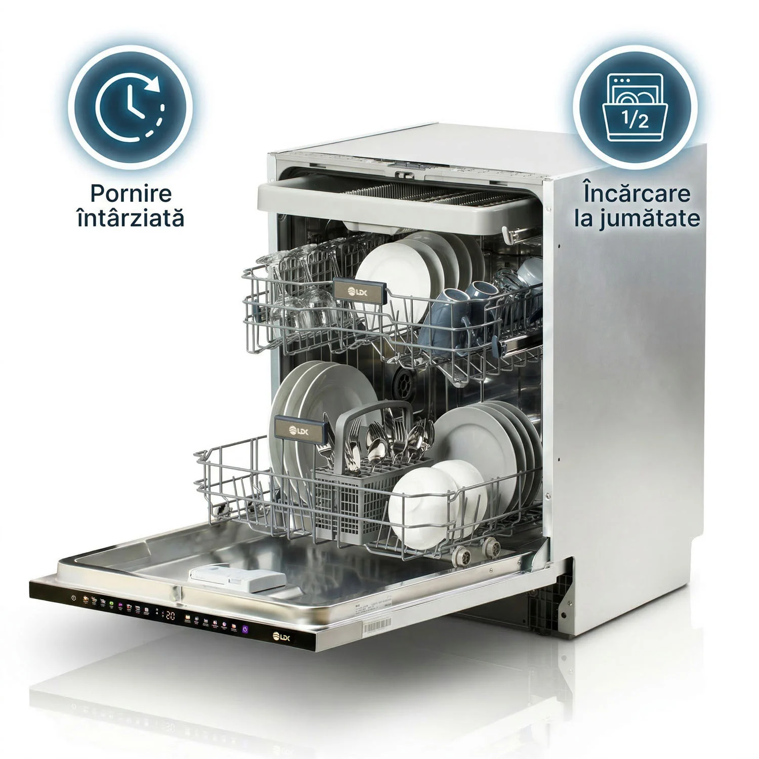 Masina de spalat vase incorporabila LDK QUEEN2 15ICBI, Clasa B, Capacitate 15 seturi, 8 programe, Incarcare la jumate, Display cu touch, 60 cm, Alb