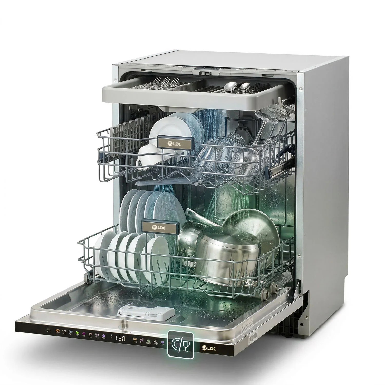 Masina de spalat vase incorporabila LDK QUEEN2 15ICBI, Clasa B, Capacitate 15 seturi, 8 programe, Incarcare la jumate, Display cu touch, 60 cm, Alb