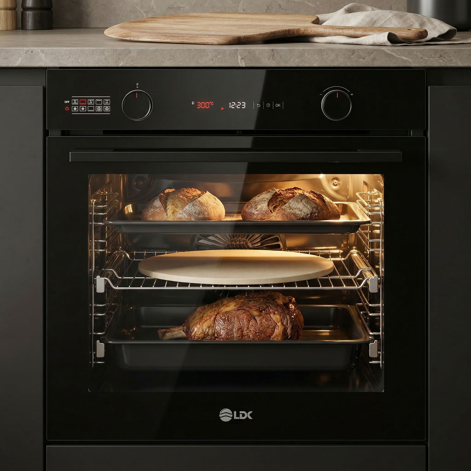 Cuptor incorporabil LDK 1073BK PREMIUM, Clasa A, Capacitate 73 l, 10 functii, 4 tavi, Grill, Turbo, Dezghetare, Timer, Iluminare cuptor, temperatura reglabila pana la 300°C, Negru