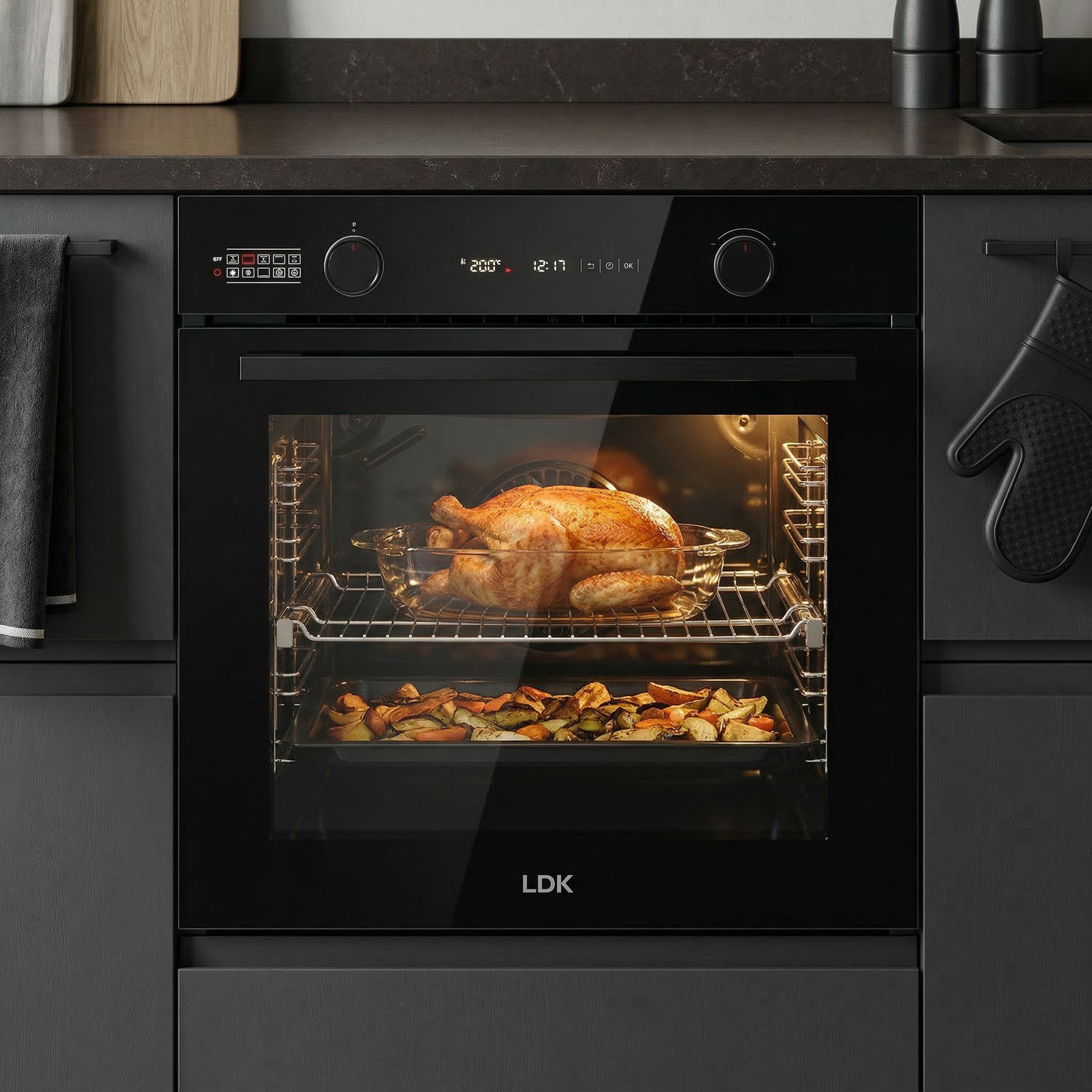 Cuptor incorporabil LDK 1073BK PREMIUM, Clasa A, Capacitate 73 l, 10 functii, 4 tavi, Grill, Turbo, Dezghetare, Timer, Iluminare cuptor, temperatura reglabila pana la 300°C, Negru