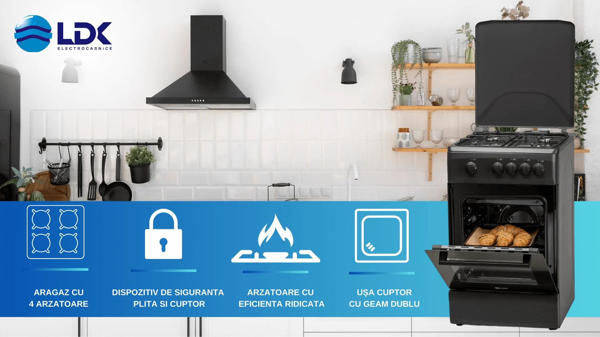 Aragaz LDK 5060 MAT Black RMV, 4 arzatoare, Capac metalic, Siguranta, 50 x 60 cm, Negru