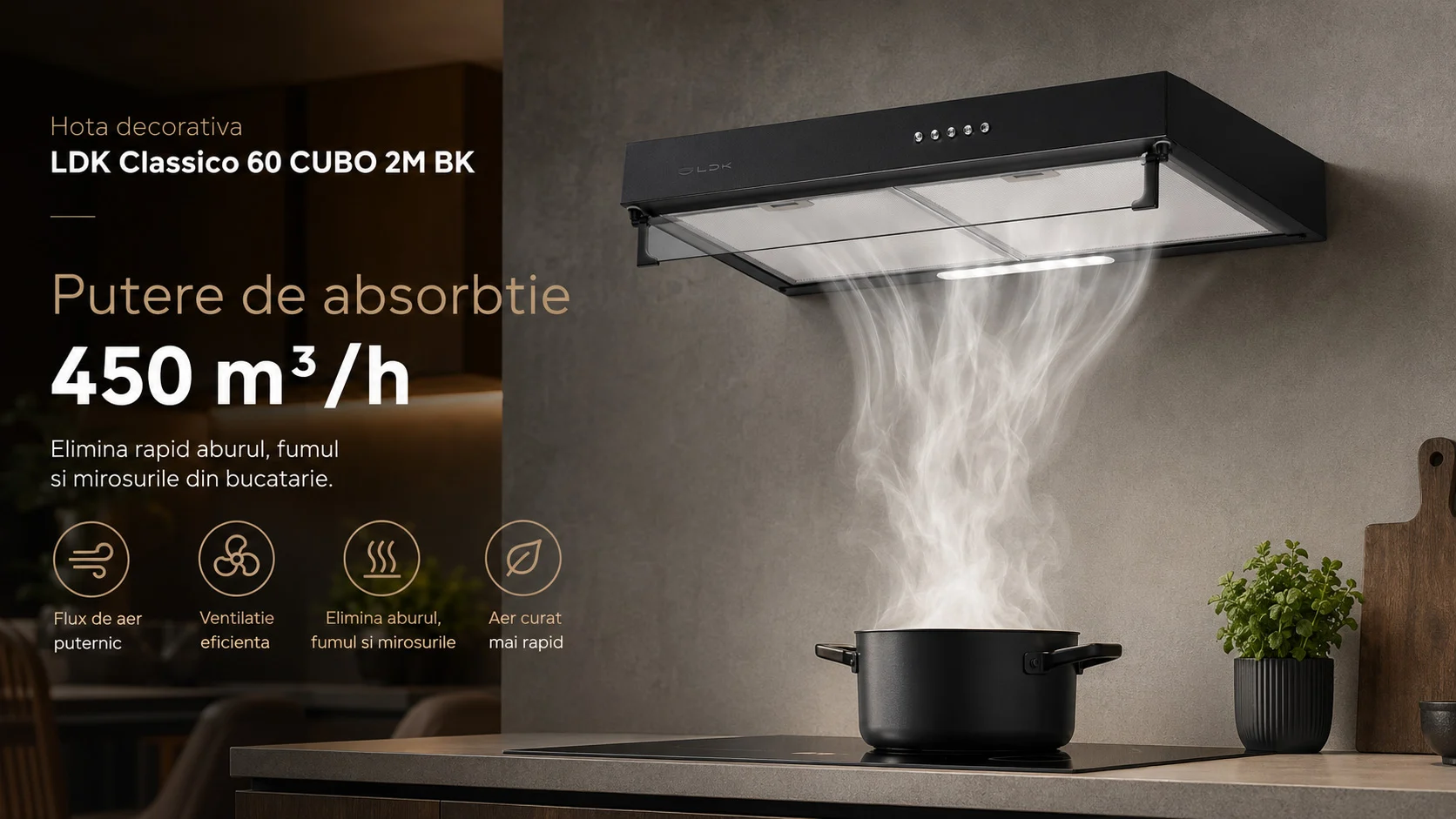 Hota decorativa LDK Classico 60 CUBO 2M BK, Putere de absorbtie 450 m3/h, 3 trepte de putere, 2 motoare, Iluminare LED, Filtru aluminiu, 60 cm, Negru