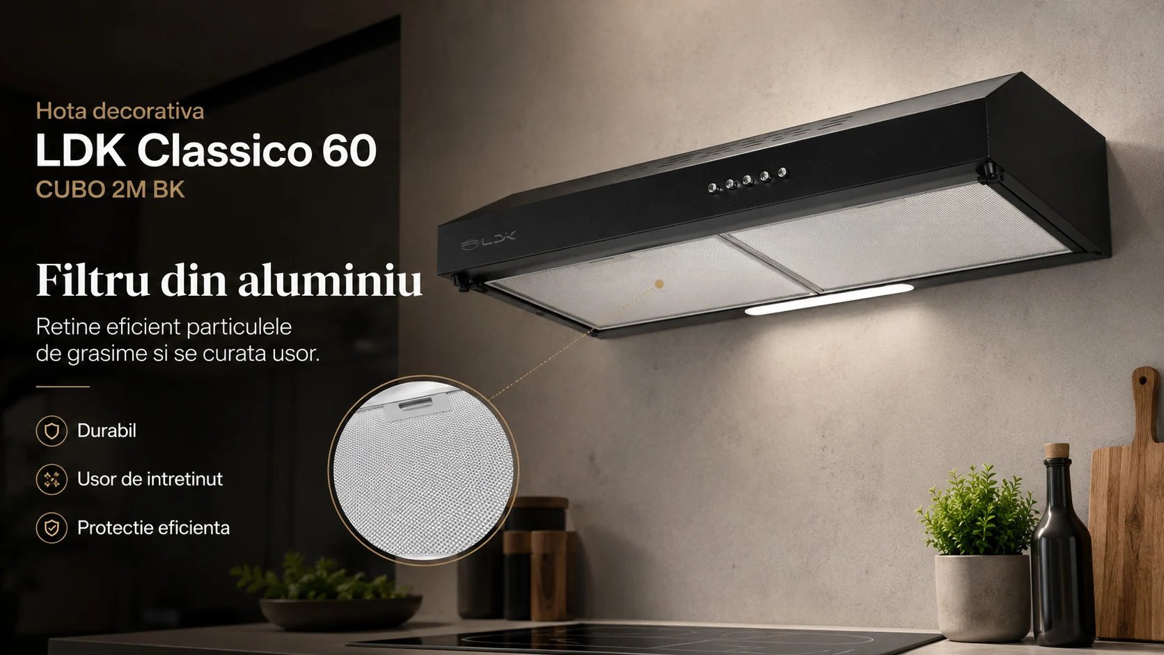 Hota decorativa LDK Classico 60 CUBO 2M BK, Putere de absorbtie 450 m3/h, 3 trepte de putere, 2 motoare, Iluminare LED, Filtru aluminiu, 60 cm, Negru