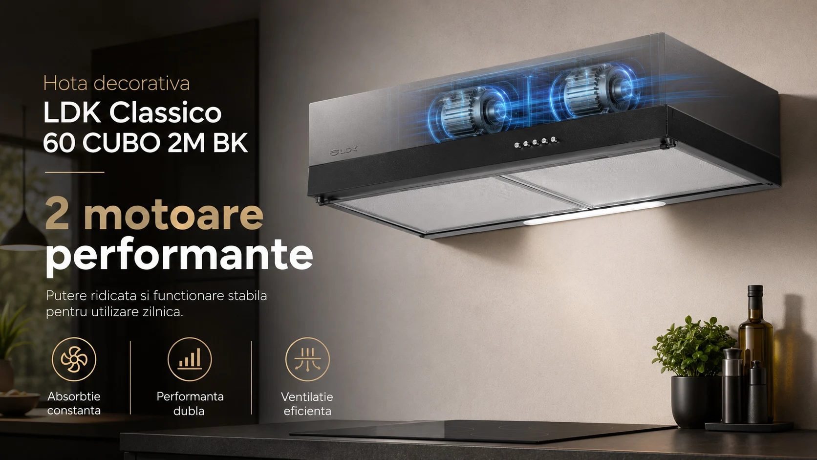 Hota decorativa LDK Classico 60 CUBO 2M BK, Putere de absorbtie 450 m3/h, 3 trepte de putere, 2 motoare, Iluminare LED, Filtru aluminiu, 60 cm, Negru