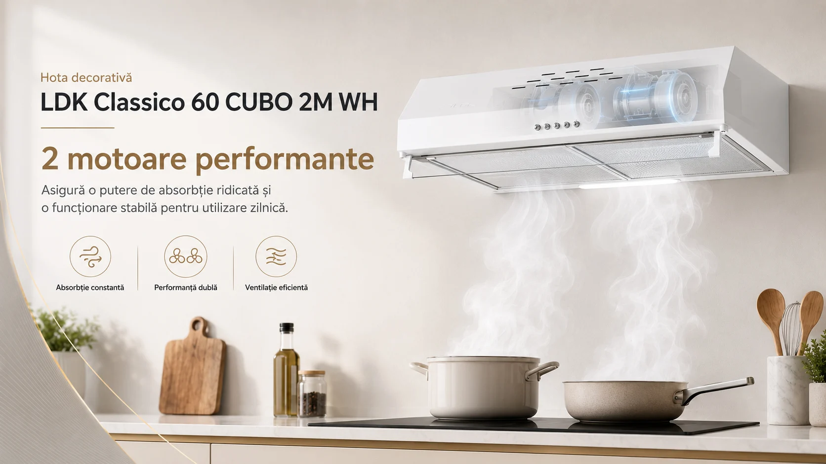 Hota decorativa LDK Classico 60 CUBO 2M W, Putere de absorbtie 450 m3/h, 3 trepte de putere, 2 motoare, Iluminare LED, Filtru aluminiu, 60 cm, Alb