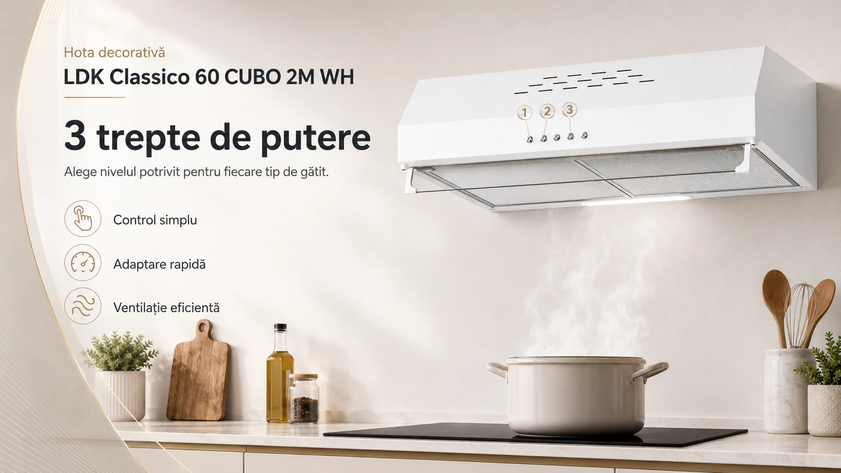 Hota decorativa LDK Classico 60 CUBO 2M W, Putere de absorbtie 450 m3/h, 3 trepte de putere, 2 motoare, Iluminare LED, Filtru aluminiu, 60 cm, Alb