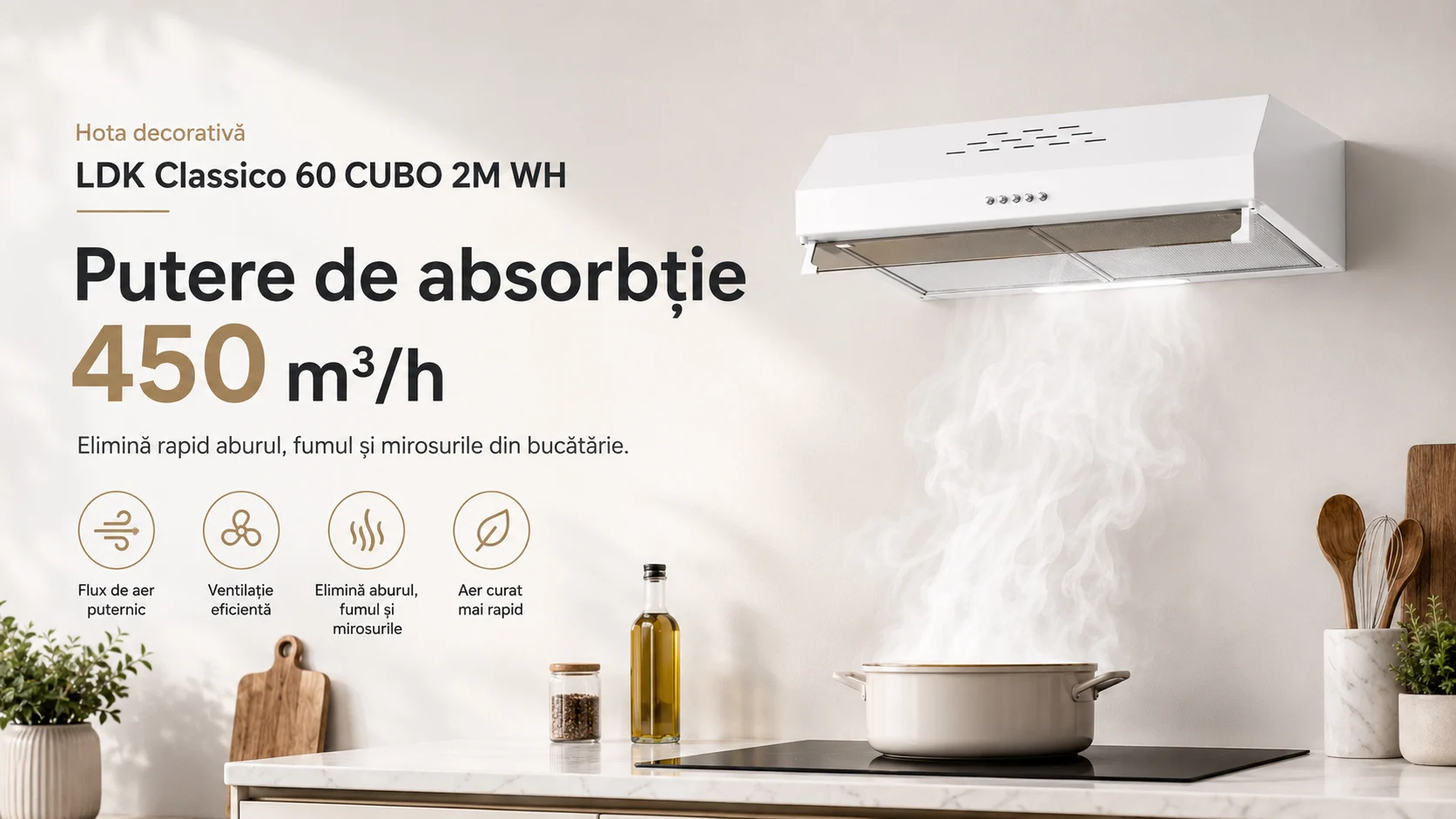 Hota decorativa LDK Classico 60 CUBO 2M W, Putere de absorbtie 450 m3/h, 3 trepte de putere, 2 motoare, Iluminare LED, Filtru aluminiu, 60 cm, Alb