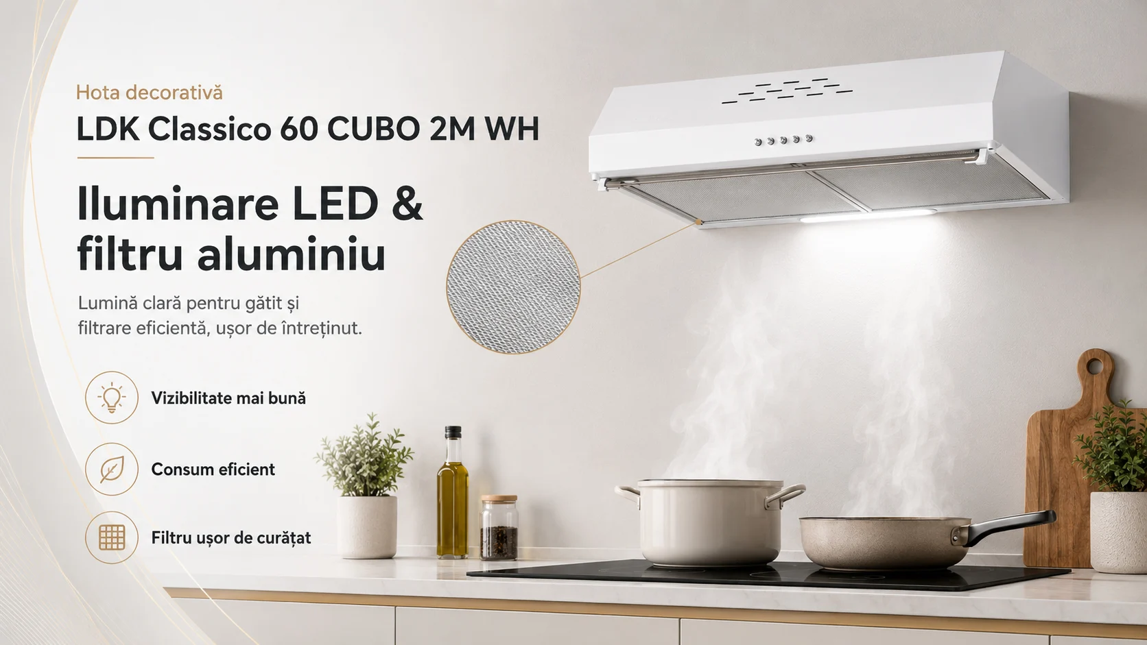 Hota decorativa LDK Classico 60 CUBO 2M W, Putere de absorbtie 450 m3/h, 3 trepte de putere, 2 motoare, Iluminare LED, Filtru aluminiu, 60 cm, Alb