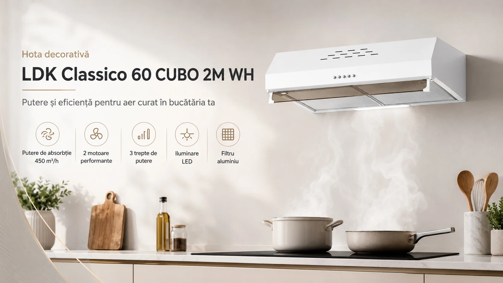 Hota decorativa LDK Classico 60 CUBO 2M W, Putere de absorbtie 450 m3/h, 3 trepte de putere, 2 motoare, Iluminare LED, Filtru aluminiu, 60 cm, Alb