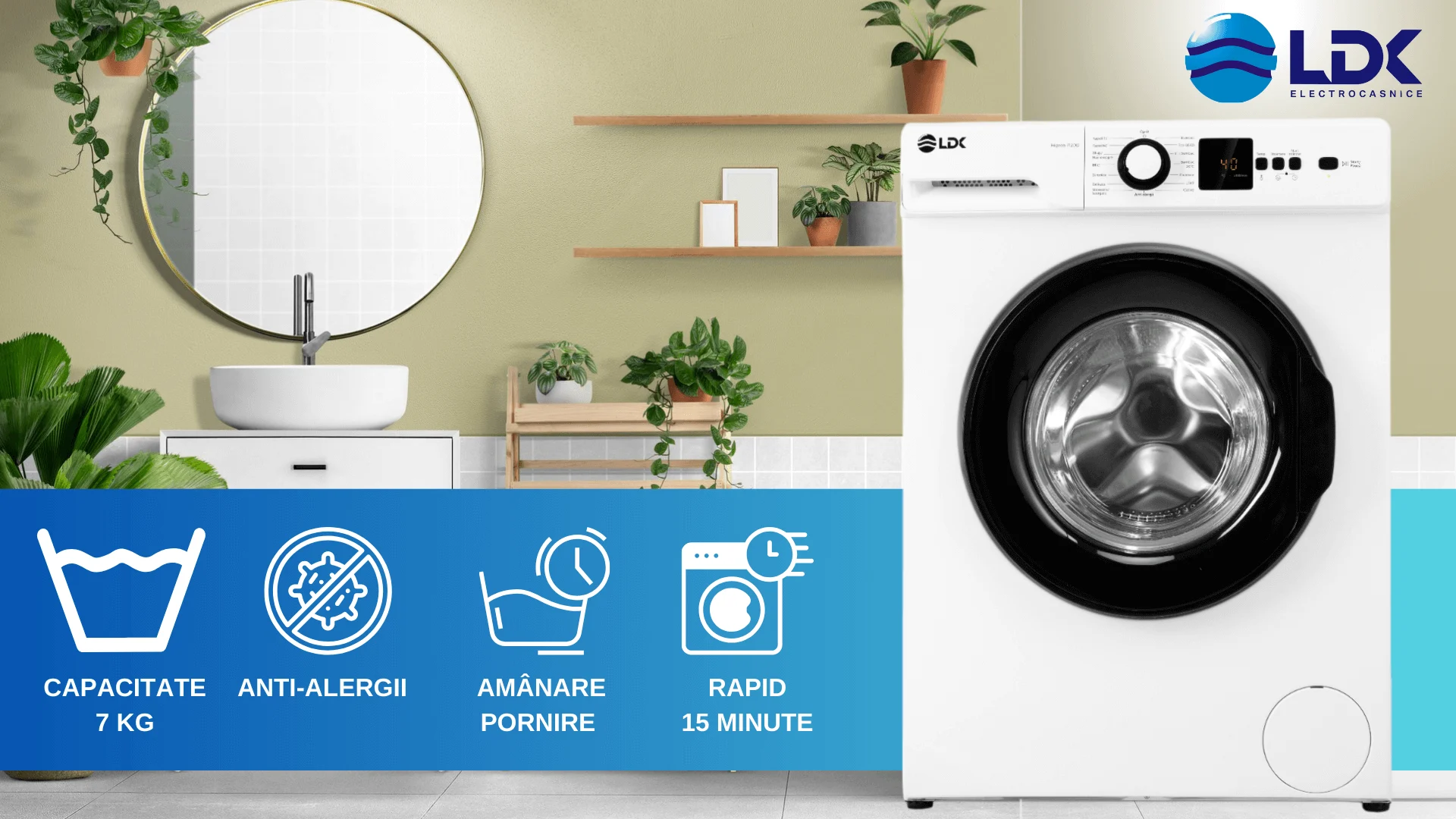 Masina de spalat rufe LDK Higeea 712DDS, Clasa D, Capacitate 7 Kg, 1200 rpm, 15 programe, Anti-Alergic, Amanare pornire, Display LED, Argintiu