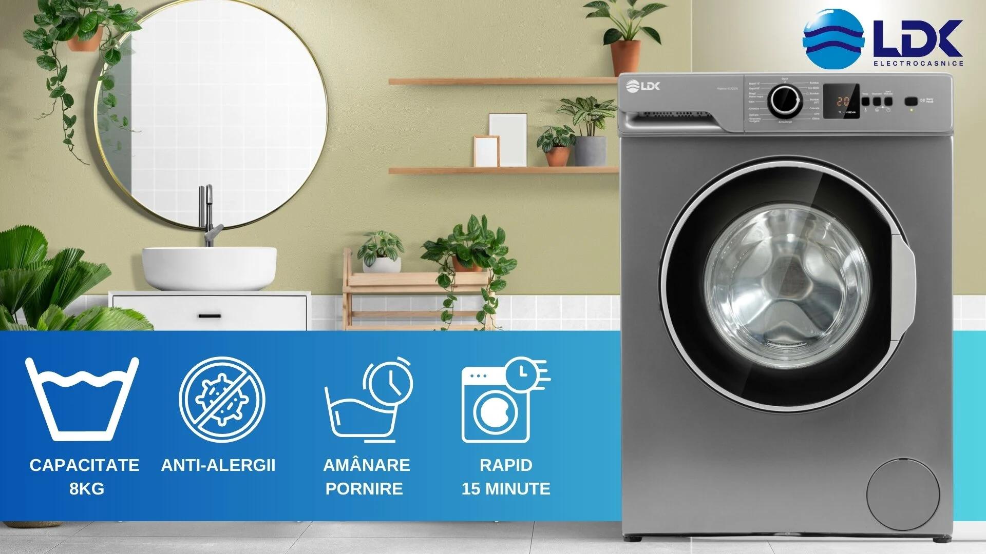 Masina de spalat rufe LDK Higeea 812DDS, Clasa D, Capacitate 8 Kg, 1200 rpm, 15 programe, Anti-Alergic, Amanare pornire, Display LED, Argintiu
