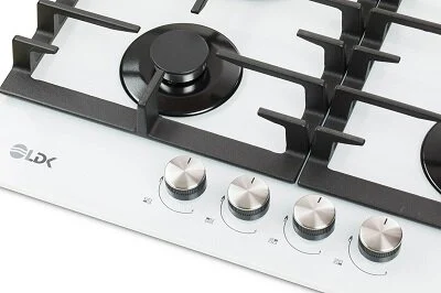 Plita incorporabila LDK Toledo WOK JZ4WHITE60, Gaz, 4 arzatoare, WOK, Aprindere electrica, Gratare fonta, Siguranta, 60 cm, Alb