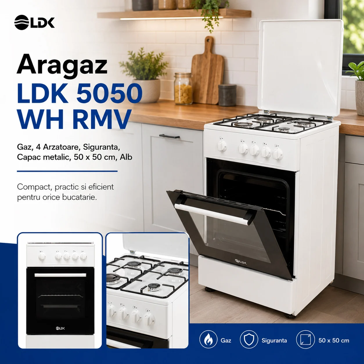 Aragaz LDK 5050 WH RMV, Gaz, 4 Arzatoare, Siguranta, Capac metalic, 50 x 50 cm, Alb