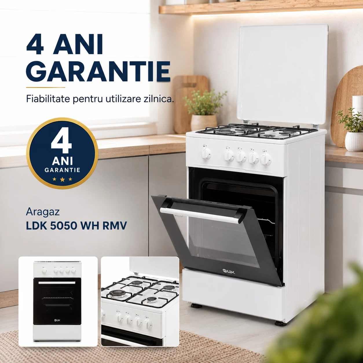 Aragaz LDK 5050 WH RMV, Gaz, 4 Arzatoare, Siguranta, Capac metalic, 50 x 50 cm, Alb