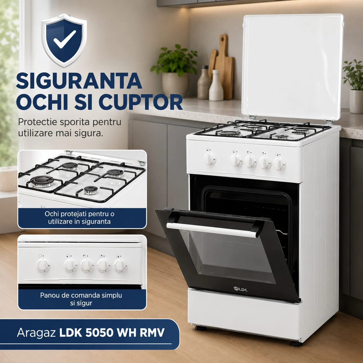 Aragaz LDK 5050 WH RMV, Gaz, 4 Arzatoare, Siguranta, Capac metalic, 50 x 50 cm, Alb
