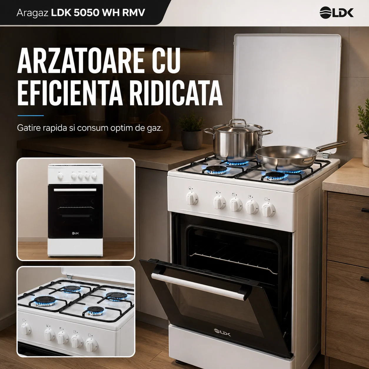 Aragaz LDK 5050 WH RMV, Gaz, 4 Arzatoare, Siguranta, Capac metalic, 50 x 50 cm, Alb