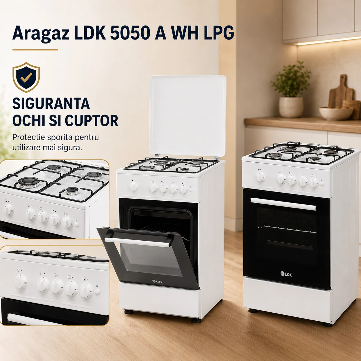 Aragaz LDK 5050 A WH RMV LPG, Gaz, 4 Arzatoare, Aprindere electrica, Siguranta, Capac metalic, 50 x 50 cm, Alb