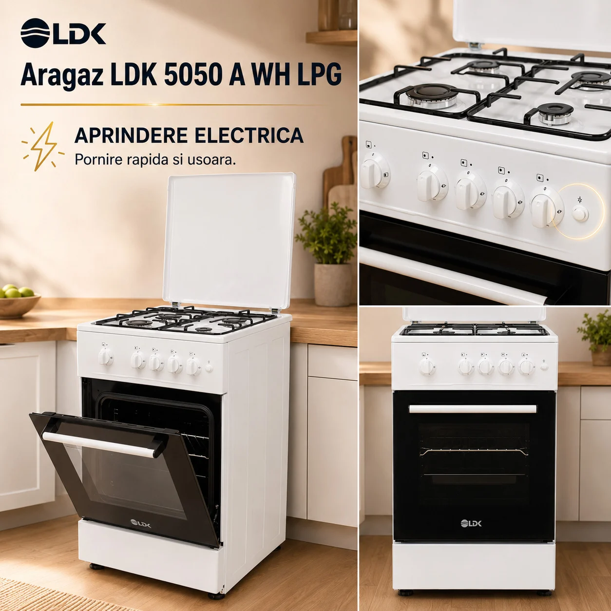 Aragaz LDK 5050 A WH RMV LPG, Gaz, 4 Arzatoare, Aprindere electrica, Siguranta, Capac metalic, 50 x 50 cm, Alb