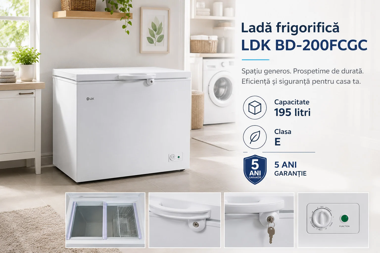 Lada frigorifica LDK BD-200FCGC - 195 litri, Clasa E, 5 ani garantie Lada frigorifica LDK BD-200FCGC, Clasa E, Capacitate 195 l, Congelare rapida, Termostat ajustabil, Alb