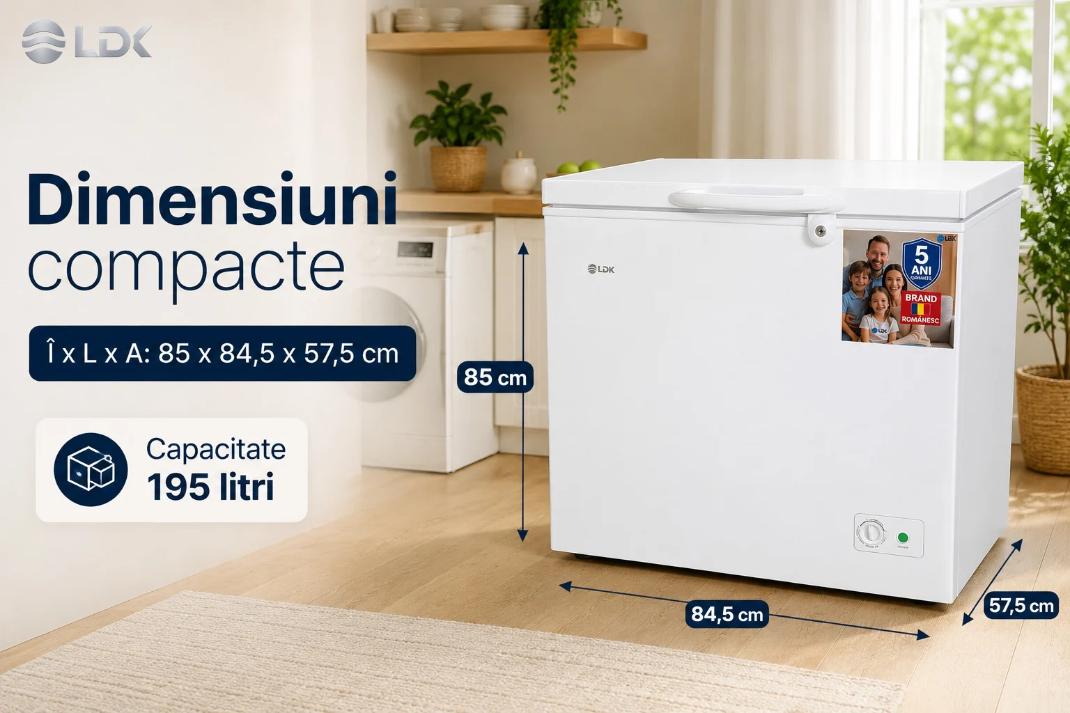 LDK BD-200FCGC - dimensiuni compacte si capacitate 195 litri Lada frigorifica LDK BD-200FCGC, Clasa E, Capacitate 195 l, Congelare rapida, Termostat ajustabil, Alb