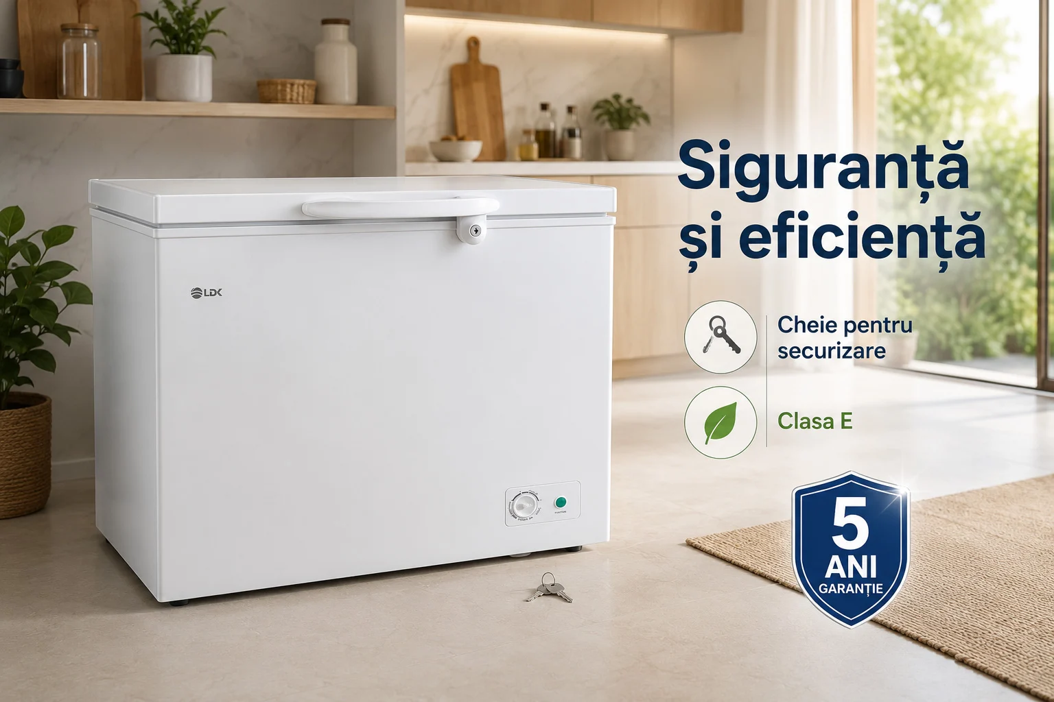 LDK BD-200FCGC - cheie pentru securizare, Clasa E si 5 ani garantie Lada frigorifica LDK BD-200FCGC, Clasa E, Capacitate 195 l, Congelare rapida, Termostat ajustabil, Alb