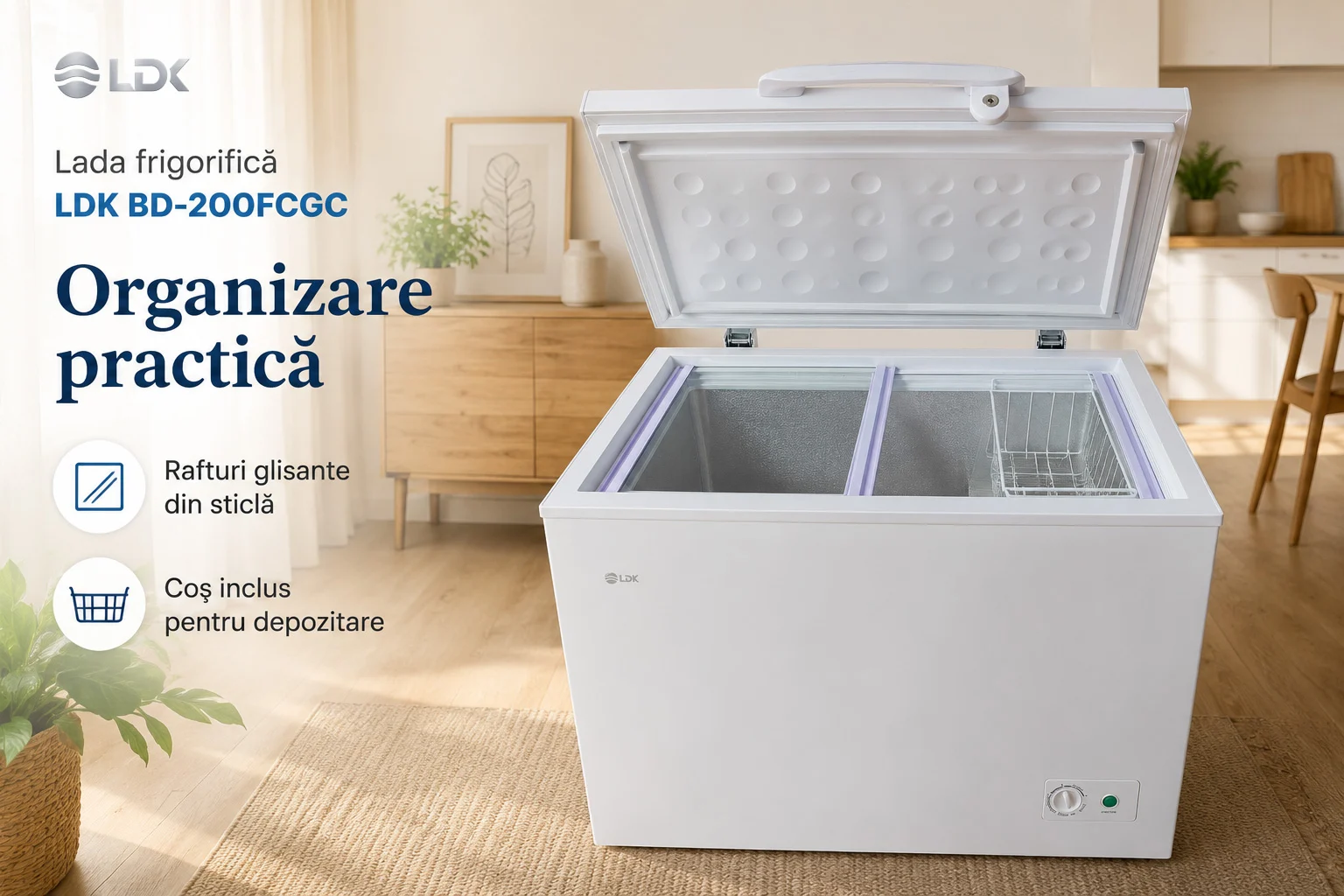 LDK BD-200FCGC - rafturi glisante din sticla si cos inclus Lada frigorifica LDK BD-200FCGC, Clasa E, Capacitate 195 l, Congelare rapida, Termostat ajustabil, Alb