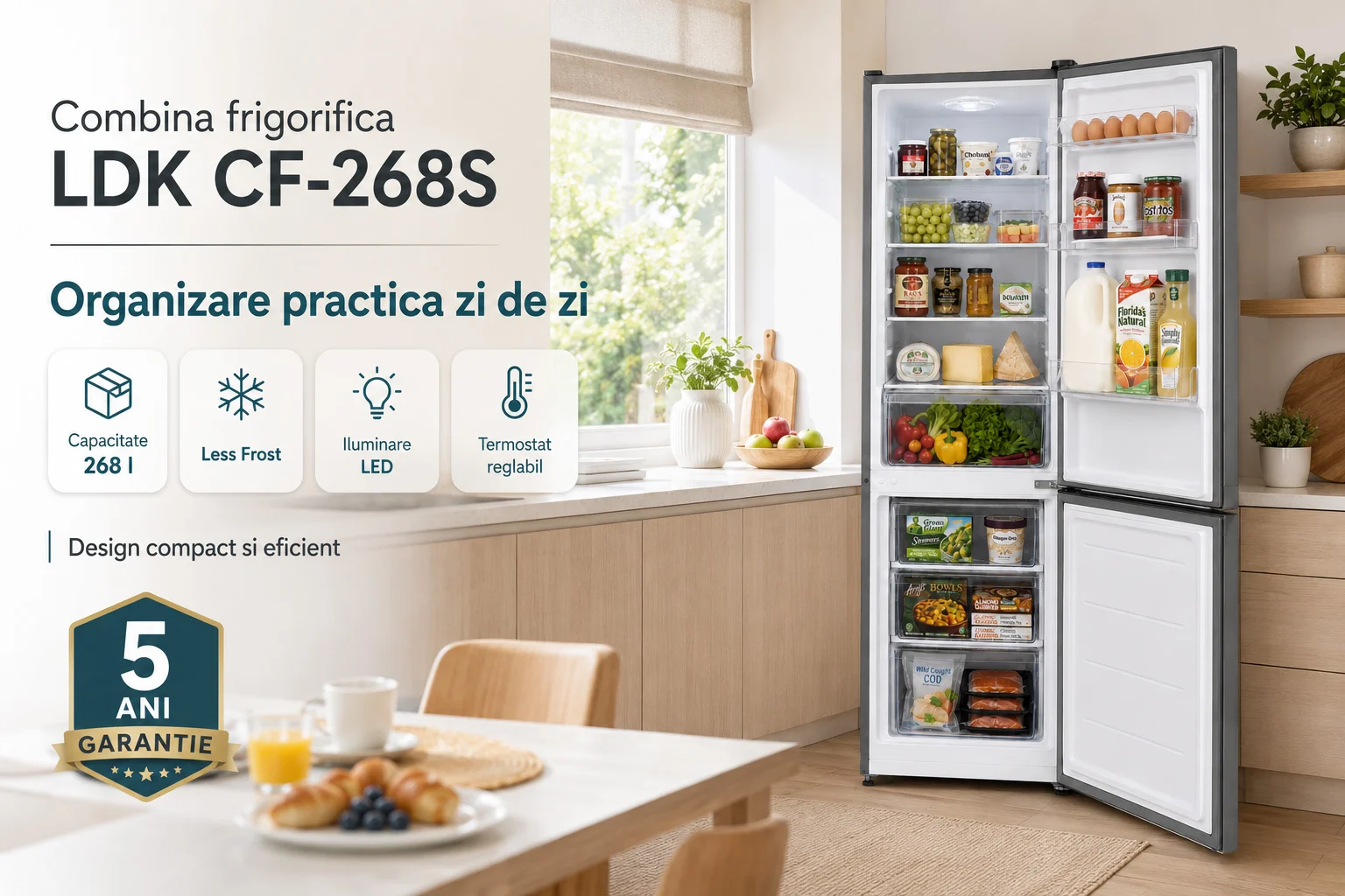Combina frigorifica LDK CF-268S - Capacitate 268 l, Less Frost, Iluminare LED, 5 ani garantie Combina frigorifica LDK CF-268S, Capacitate 268 l, Less Frost, Termostat reglabil, Iluminare LED, H 175 cm, Clasa E, Argintiu