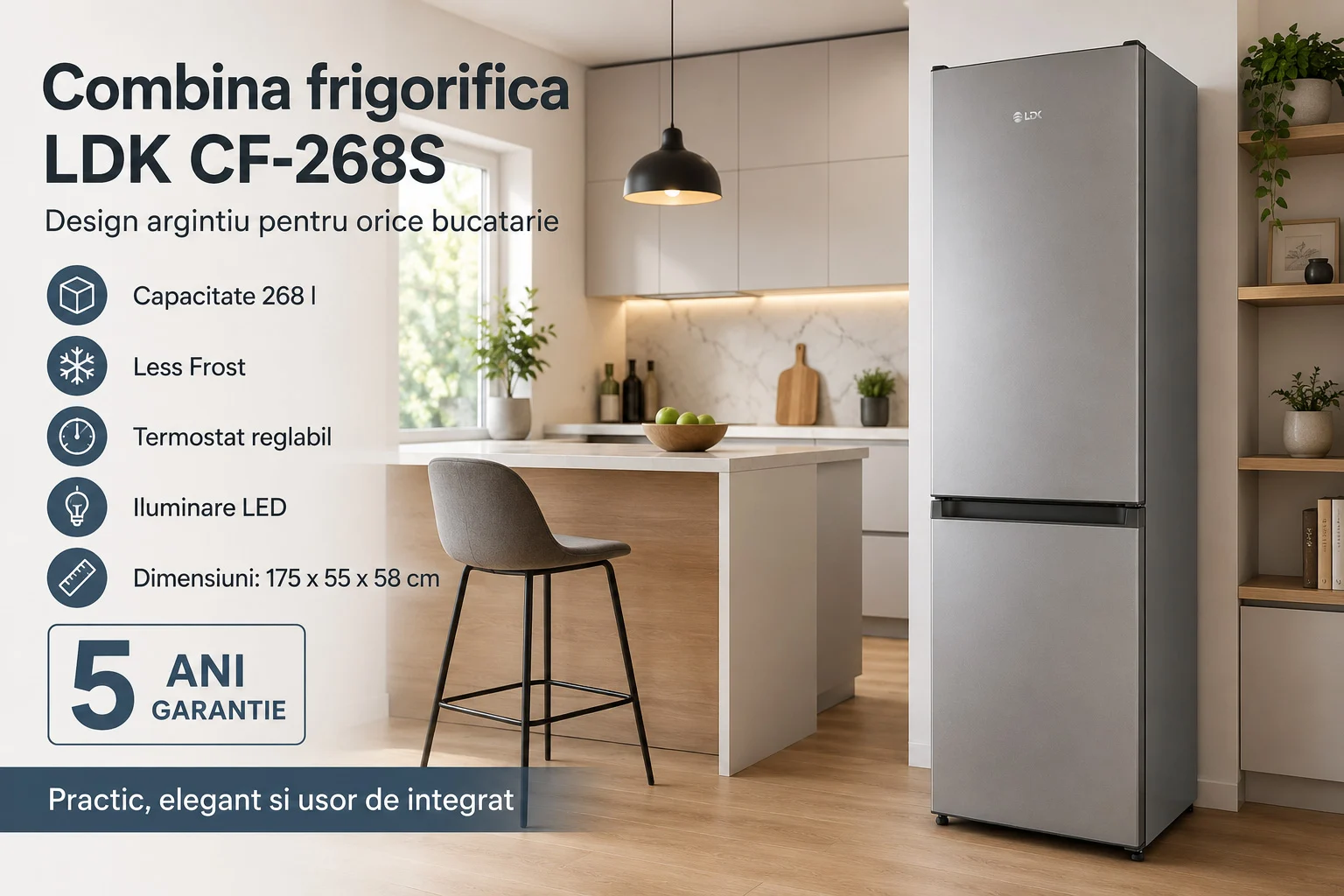 Combina frigorifica LDK CF-268S - Design argintiu pentru orice bucatarie Combina frigorifica LDK CF-268S, Capacitate 268 l, Less Frost, Termostat reglabil, Iluminare LED, H 175 cm, Clasa E, Argintiu